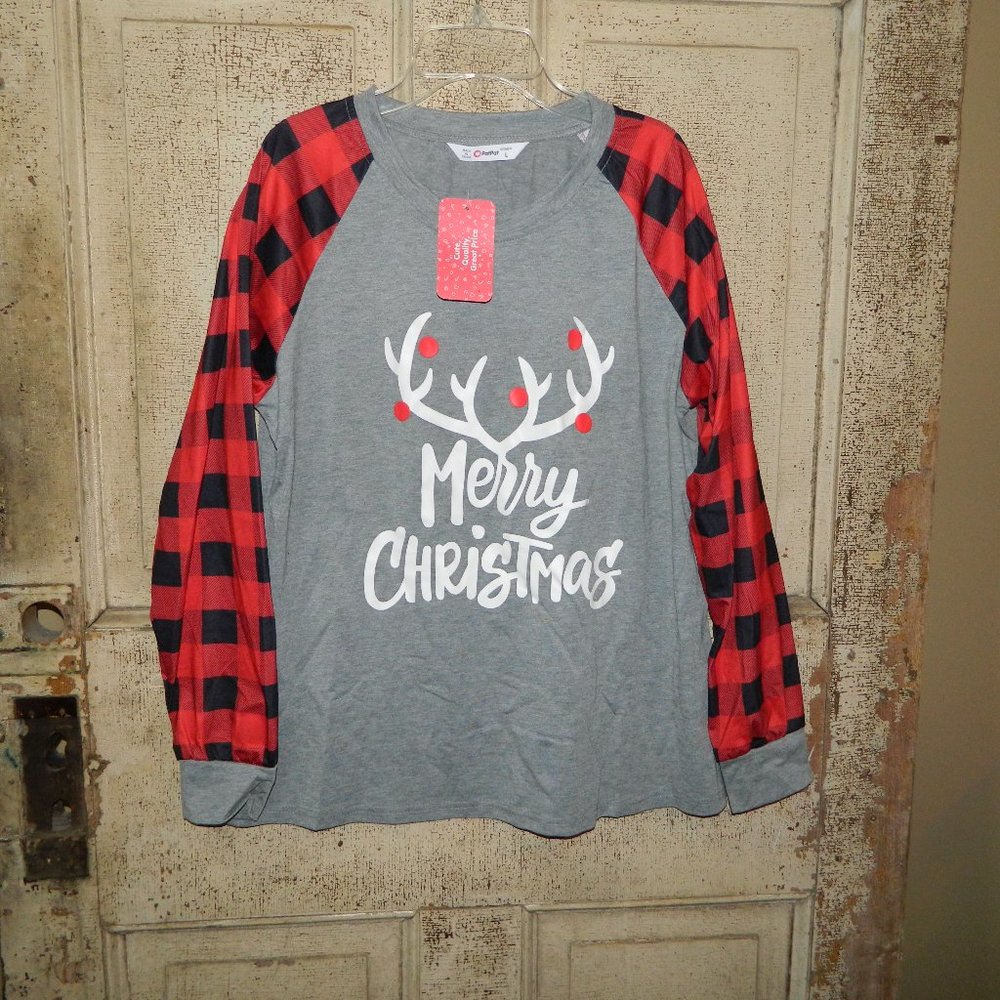 PatPat Womens Plaid Merry Christmas Pajama Shirt Top Size L NWT (DD-22)